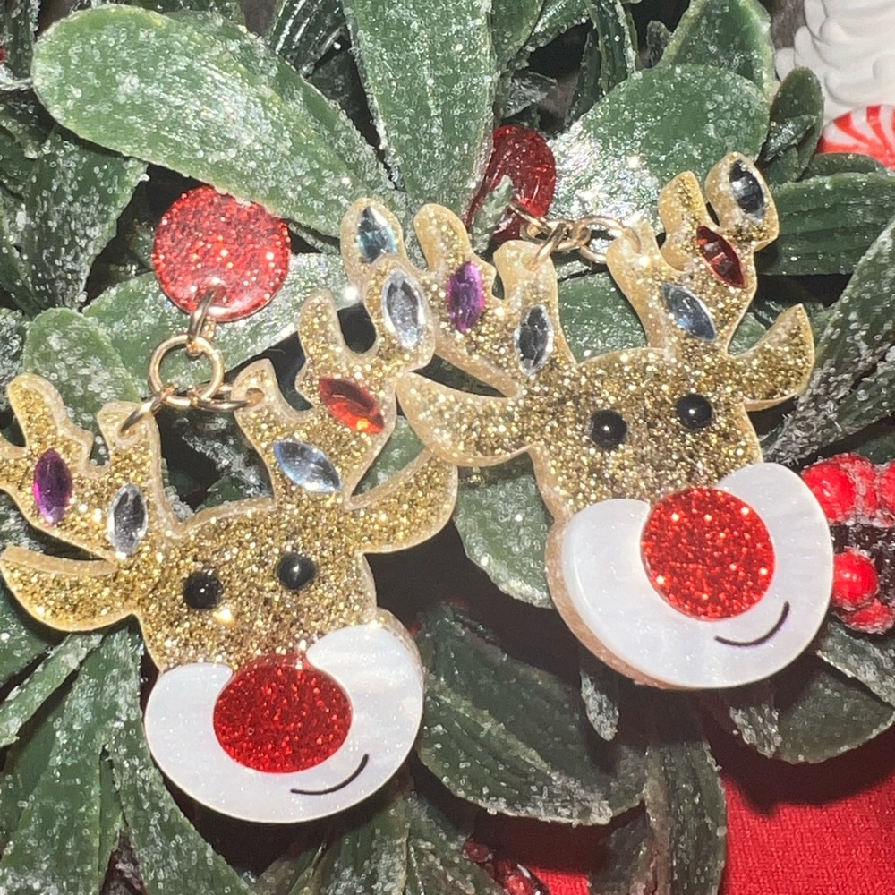 Festive Reindeer Earrings with Red and Gold Accents